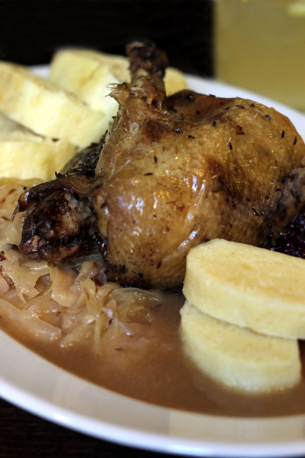 Old Bohemian-style roast duck, bread and potato dumplings, white and red braised cabbage